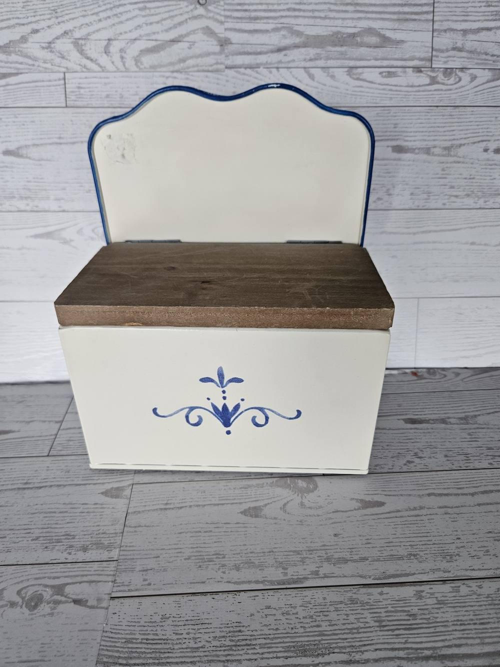 Cream and Blue Decorative Metal Recipe Box with Wood Lid